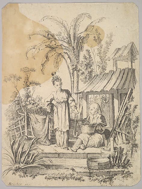 Man Sitting and Woman Carrying a Fish, by Martin Engelbrecht