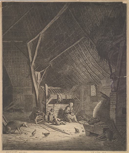 Interior of a Barn with Mother and Two Children, Right in Front a Pig (copy), by Adriaen van Ostade