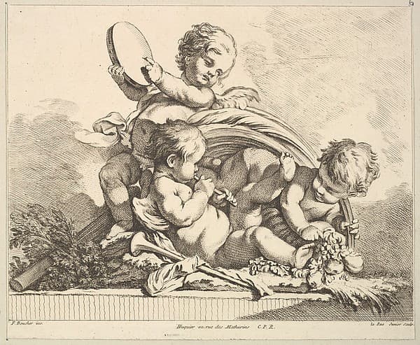 Three Cupids, Two Playing Music, One Holding Palm Leaves, by Louis Félix de La Rue