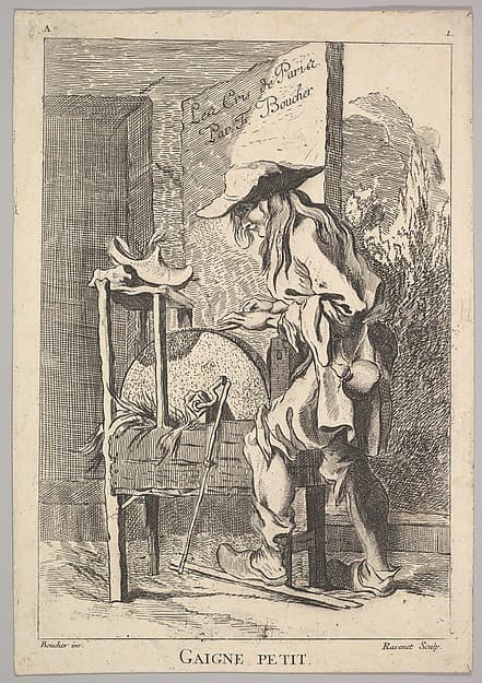 Reverse copy of the Frontispiece: Gaigne Petit, plate 1 from "Le Cris de Paris" (The Cries of Paris), by Simon Francis Ravenet, the elder