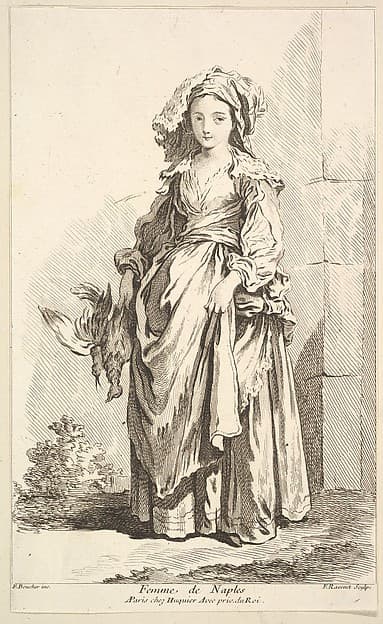 Femme de Naples, plate 2 from "Recueil de diverses fig.res étrangeres Inventées par F. Boucher P.tre du Roy et Gravées par F. Ravenet" (Collection of Various Foreign Figures, Devised by F. Boucher, Painter of the King and Engraved [etched] by F. Ravenet), by Simon Francis Ravenet, the elder