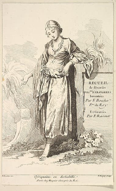 Afriquaine en deshabillé, plate 1 from "Recueil de diverses fig.res étrangeres Inventées par F. Boucher P.tre du Roy et Gravées par F. Ravenet" (Collection of Various Foreign Figures, Devised by F. Boucher, Painter of the King and Engraved [etched] by F. Ravenet), by Simon Francis Ravenet, the elder
