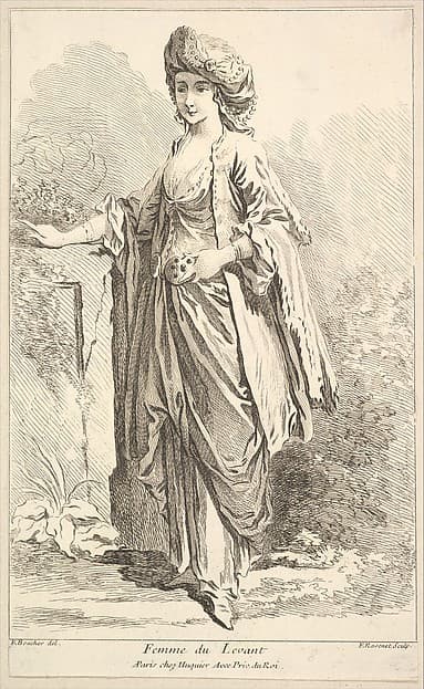 Femme du Levant, plate 8 from "Recueil de diverses fig.res étrangeres Inventées par F. Boucher P.tre du Roy et Gravées par F. Ravenet" (Collection of Various Foreign Figures, Devised by F. Boucher, Painter of the King and Engraved [etched] by F. Ravenet), by Simon Francis Ravenet, the elder