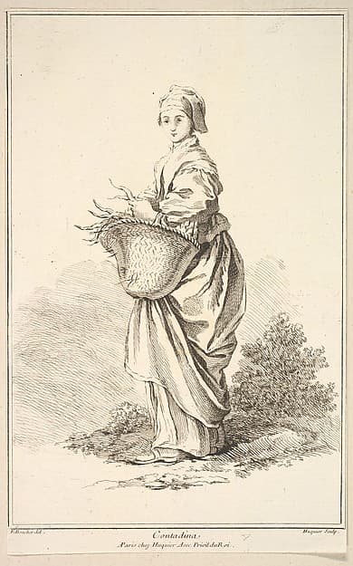 Contadina, plate 11 from "Recueil de diverses fig.res étrangeres Inventées par F. Boucher P.tre du Roy et Gravées par F. Ravenet" (Collection of Various Foreign Figures, Devised by F. Boucher, Painter of the King and Engraved [etched] by F. Ravenet), by Gabriel Huquier