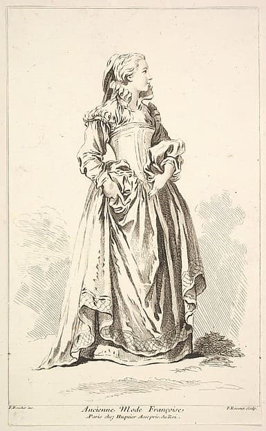 Ancienne Mode Françoise, plate 4 from "Recueil de diverses fig.res étrangeres Inventées par F. Boucher P.tre du Roy et Gravées par F. Ravenet" (Collection of Various Foreign Figures, Devised by F. Boucher, Painter of the King and Engraved [etched] by F. Ravenet), by Simon Francis Ravenet, the elder