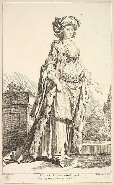 Dame de Constantinople, plate 5 from "Recueil de diverses fig.res étrangeres Inventées par F. Boucher P.tre du Roy et Gravées par F. Ravenet" (Collection of Various Foreign Figures, Devised by F. Boucher, Painter of the King and Engraved [etched] by F. Ravenet), by Simon Francis Ravenet, the elder