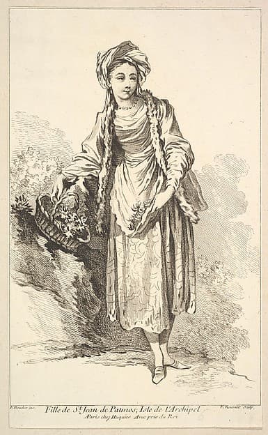 Fille de St. Jean de Patmos, Isle de l'Archipel, plate 6 from "Recueil de diverses fig.res étrangeres Inventées par F. Boucher P.tre du Roy et Gravées par F. Ravenet" (Collection of Various Foreign Figures, Devised by F. Boucher, Painter of the King and Engraved [etched] by F. Ravenet), by Simon Francis Ravenet, the elder