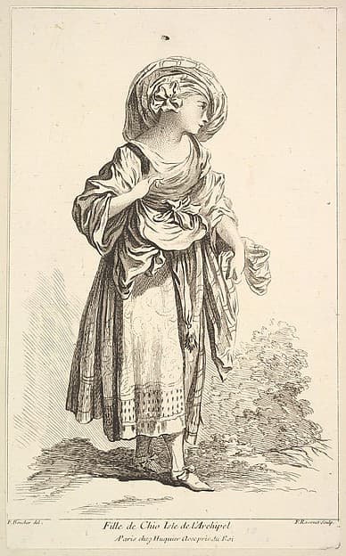 Fille de Cio isle de l'Archipel, plate 10 from "Recueil de diverses fig.res étrangeres Inventées par F. Boucher P.tre du Roy et Gravées par F. Ravenet" (Collection of Various Foreign Figures, Devised by F. Boucher, Painter of the King and Engraved [etched] by F. Ravenet), by Simon Francis Ravenet, the elder