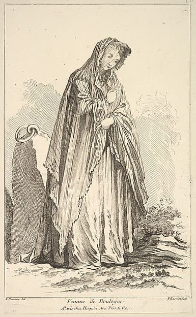 Femme de Boulogne, plate 9 from "Recueil de diverses fig.res étrangeres Inventées par F. Boucher P.tre du Roy et Gravées par F. Ravenet" (Collection of Various Foreign Figures, Devised by F. Boucher, Painter of the King and Engraved [etched] by F. Ravenet), by Simon Francis Ravenet, the elder