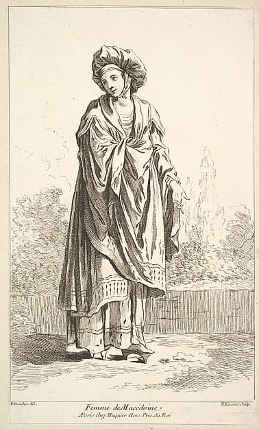 Femme de Macédoine, plate 12 from "Recueil de diverses fig.res étrangeres Inventées par F. Boucher P.tre du Roy et Gravées par F. Ravenet" (Collection of Various Foreign Figures, Devised by F. Boucher, Painter of the King and Engraved [etched] by F. Ravenet), by Simon Francis Ravenet, the elder