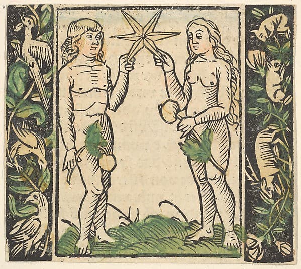 Adam and Eve Holding a Star, illustration from Beschlossen Gart des Rosenkranz Mariae, by Hans Baldung (called Hans Baldung Grien)