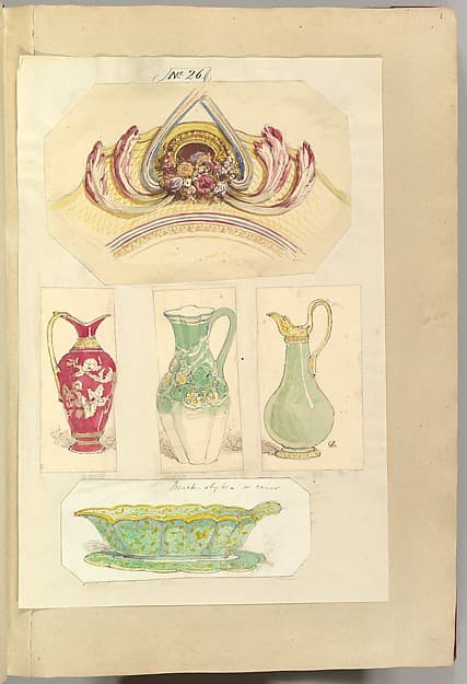 Designs for an Pierced Border Ornament, Three Pitchers and an Open Basin (recto); Design for a Candle Stick (verso), by Alfred Henry Forrester [Alfred Crowquill]