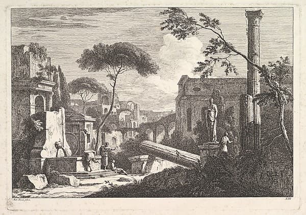 Plate 13: a townscape with a fountain, fallen column and statue at right and a Gothic church beside an aqueduct in the background, by Davide Antonio Fossati
