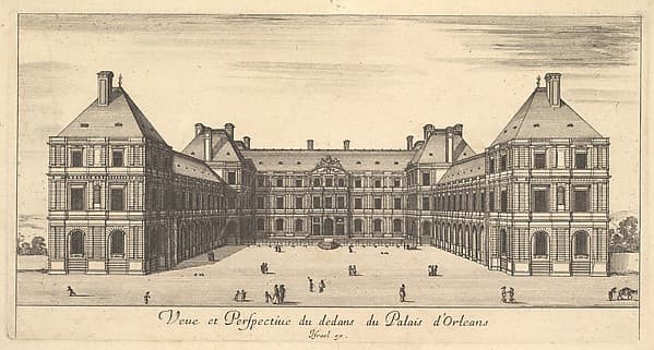 View and Perspective of the inside of the Palais d'Orleans, from "Various views of remarkable places in Italy and France" (Diverses vues d'endroits remarquables d'Italie et de France), by Stefano della Bella