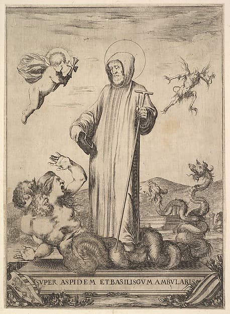 Saint Jean Gualbert trampling a monster with two human heads and a serpentine body, from "Frontispiece and four scenes from the life of Saint John Gualbert" (Frontispice et quatre vignettes pour une vie de Saint Jean Gualbert), by Stefano della Bella