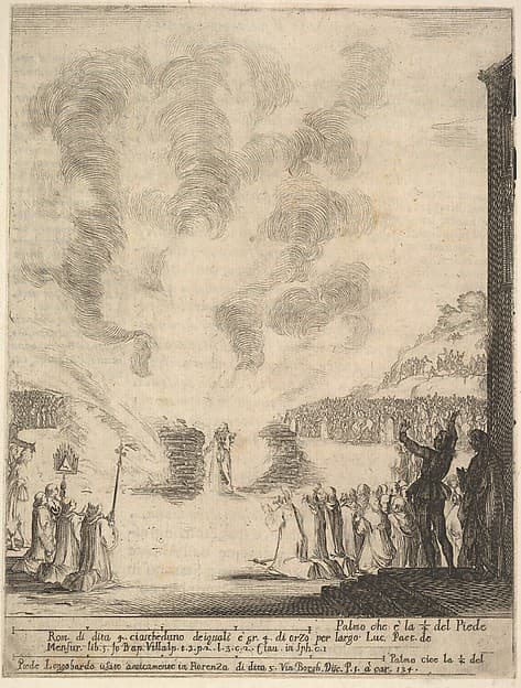 The test of fire, the monk Peter, the disciple Saint John Gualbert, passing through the flames from two pyres unharmed, from "Frontispiece and four scenes from the life of Saint John Gualbert" (Frontispice et quatre vignettes pour une vie de Saint Jean Gualbert), by Stefano della Bella