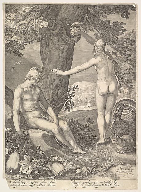 Eve Giving Adam the Forbidden Fruit, plate 3 from "The Story of Adam and Eve", by Jan (Pietersz.) Saenredam