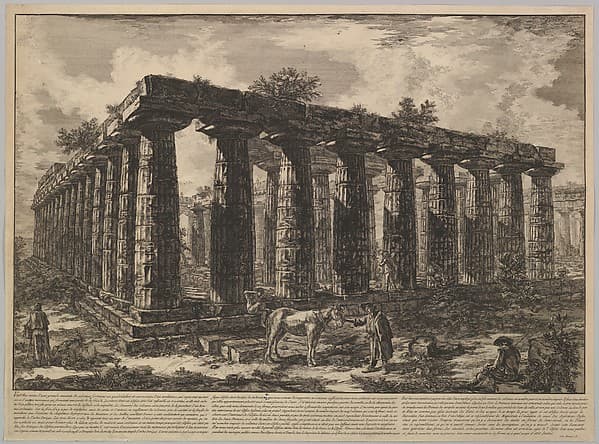 View showing the remains of a large enclosure of columns..., from Différentes vues de quelques Restes de trois grands Edifices qui subsistent encore dans le milieu de l'ancienne Ville de Pesto autrement Posidonia qui est située dans la Lucanie (Different views of some of the remains of three great edifces that still exist at teh center of the ancient city of Pesto, or Posidonia [Paestum], which is siutated in Lucania), by Giovanni Battista Piranesi