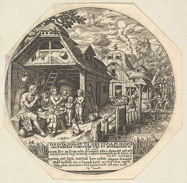 Enoch and his family surrounding a meal table and holding their hands in a gesture of prayer; behind them is the open end of house; to the right a woman hands out bread to a child, young man, and old man, by Johann Theodor de Bry