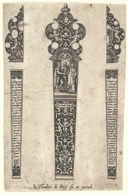 Design for knife handle to commemorate a marriage, by Johann Theodor de Bry