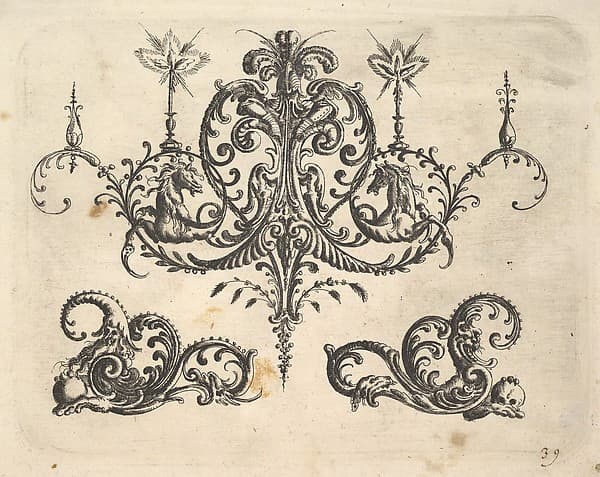 A fantastic chandelier with burning candles and arabesques, some ending in fantastic horse forms, from "Neue Grotessken Buch", by Christoph Jamnitzer