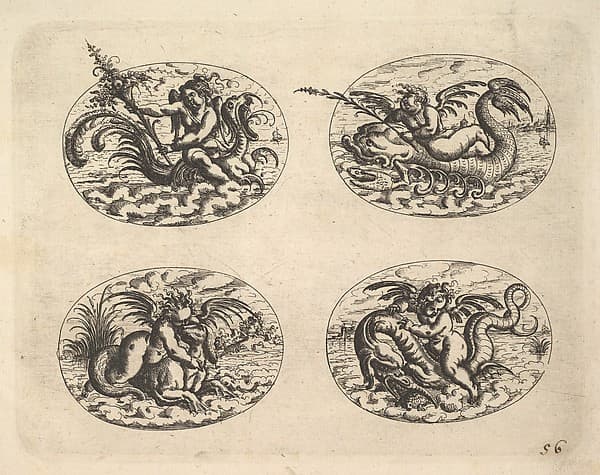 Four Ovals with Genii, from "Neue Grotessken Buch", by Christoph Jamnitzer