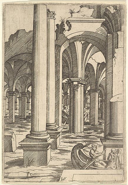 Boats Rowed Through Inundated Ruins, by Virgil Solis