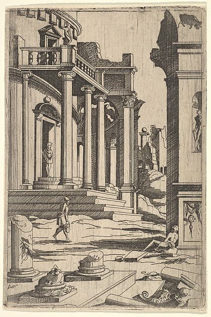 Classizing Landscape with Three Figures, from a series of architectural ruins with figures, in reverse after prints by Jacques Androuet Ducerceau after Léonard Thiry, by Virgil Solis