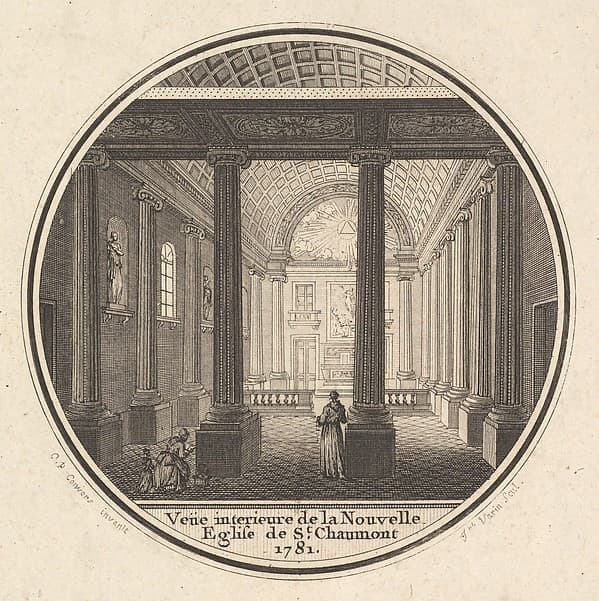 Print of the Reverse of the Portrait Medal of Fortunée-Marie d'Est, Princesse de Conti with an Interier View of the Church of Saint-Chaumont in Paris, by Joseph Varin