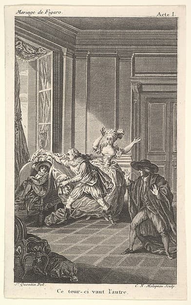 A man curled up in a chair looks toward another man who approaches him from the left in an interior setting, a woman and a man stand nearby with their hands raised, from a series of five illustrations after Jacques Philippe Joseph de Saint-Quentin for 'The mad day, or the marriage of Figaro' (La Folle journée, ou le mariage de Figaro) by Pierre Augustin Caron de Beaumarchais, by Jacques Philippe Joseph de Saint Quentin