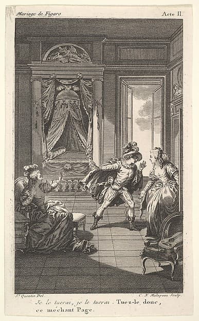 A man leans toward a woman standing in a doorway at right, at left a seated woman raises both hands, a canopied bed beyond, from a series of five illustrations after Jacques Philippe Joseph de Saint-Quentin for 'The mad day, or the marriage of Figaro' (La Folle journée, ou le mariage de Figaro) by Pierre Augustin Caron de Beaumarchais, by Jacques Philippe Joseph de Saint Quentin