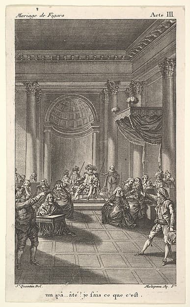 A man seated in a chair on a stepped platform holds an audience, two pointing men stand in the foreground, from a series of five illustrations after Jacques Philippe Joseph de Saint-Quentin for 'The mad day, or the marriage of Figaro' (La Folle journée, ou le mariage de Figaro) by Pierre Augustin Caron de Beaumarchais, by Jacques Philippe Joseph de Saint Quentin