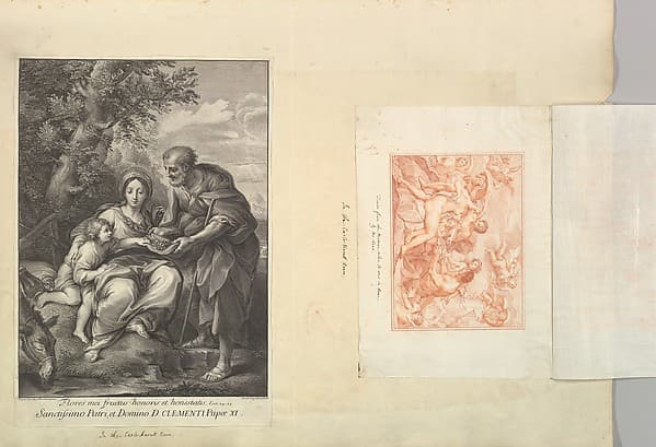 Leaf from Aedes Walpolianae mounted with a print and a drawing: (a): The Virgin and Joseph with the Young Jesus; (b): Acis and Galatea, by Johann Jakob Frey the Elder
