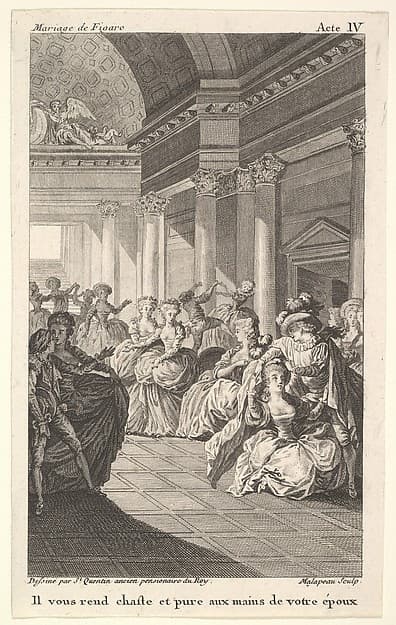 Dancing couples surround four standing women in a barrel-vaulted hall, from a series of five illustrations after Jacques Philippe Joseph de Saint-Quentin for 'The mad day, or the marriage of Figaro' (La Folle journée, ou le mariage de Figaro) by Pierre Augustin Caron de Beaumarchais, by Jacques Philippe Joseph de Saint Quentin