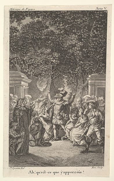A young boy holds a torch under trees in a garden, at center a man raises both arms, surrounded by male and female figures, from a series of five illustrations after Jacques Philippe Joseph de Saint-Quentin for 'The mad day, or the marriage of Figaro' (La Folle journée, ou le mariage de Figaro) by Pierre Augustin Caron de Beaumarchais, by Jacques Philippe Joseph de Saint Quentin