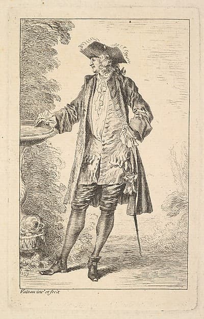 Standing man with his right hand resting on a basin, shown in three-quarters view with his head turned toward the left, from "Figures of Fashion" (Figures de Modes), by Antoine Watteau