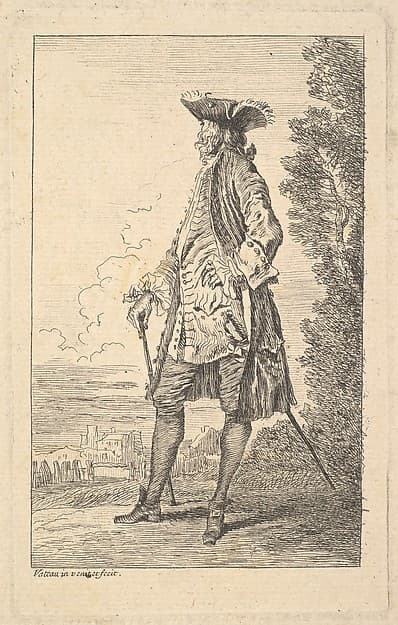 Man walking and carrying a cane in his right hand, shown in three-quarters view with his head turned away from the viewer, from "Figures of Fashion" (Figures de Modes), by Antoine Watteau
