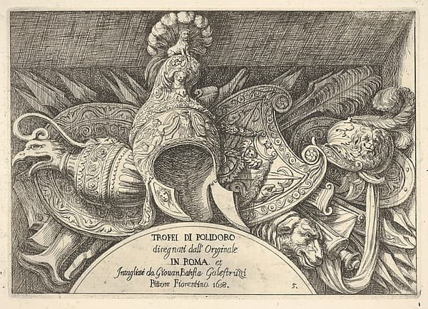 Plate 5: trophies of Roman arms from decorations above the windows on the second floor of the Palazzo Milesi in Rome, by Giovanni Battista Galestruzzi