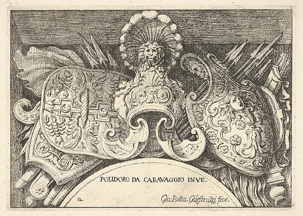 Plate 2: trophies of Roman arms from decorations above the windows on the second floor of the Palazzo Milesi in Rome, by Giovanni Battista Galestruzzi