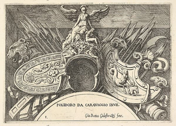 Plate 1: trophies of Roman arms from decorations above the windows on the second floor of the Palazzo Milesi in Rome, by Giovanni Battista Galestruzzi