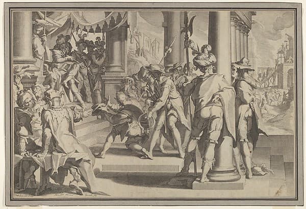 Allegory of Justice (Sanctity of the Law) with a court scene depicting a man being pardoned by a judge, plate XII from "Thronus Justitiae, tredecim pulcherrimus tabulis...", by Willem van Swanenburg