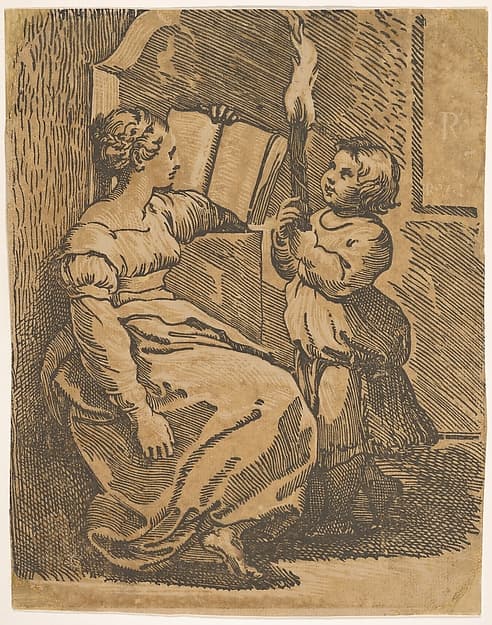 A Sybil reading facing right, by Ugo da Carpi
