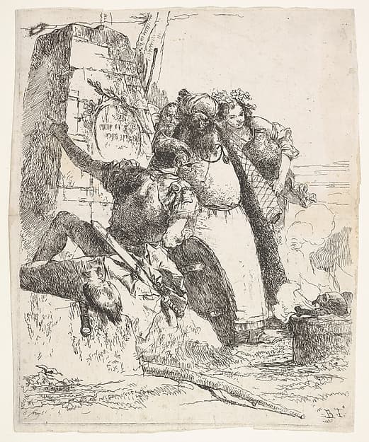 A scene of necromancy: a woman bearing a vessel, a turbaned man, and a soldier look toward a pedestal upon which a skull and limb bone are burning, a bearded male figure's face is visible behind the group, from "Turns of fantasy" (Scherzi di fantasia), by Giovanni Battista Tiepolo