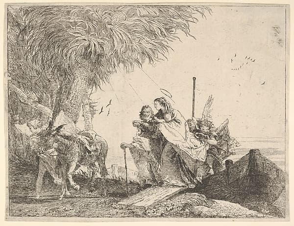 Mary, helped by Joseph and an angel, stepping from a boat to the shore, an angel steadies a donkey before her, from "The Flight into Egypt", by Giovanni Domenico Tiepolo