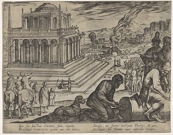Plate 5: Tomb of Mausolus, stone masons make a column at the right, from "The Seven Wonders of the World", by Antonio Tempesta