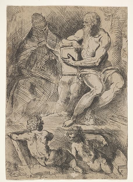 Sheet of studies with St. Jerome, seated at right and resting his right forearm on a book, at left an ecclesiastical figure wearing a cope and miter, and at bottom two putti, by Jacopo Palma the Younger