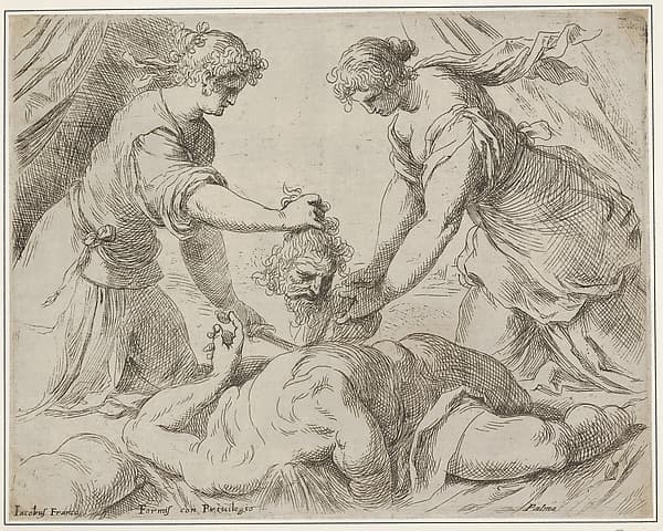 Judith placing the head of Holofernes onto a cloth held by another female figure, the foreshortened body of Holofernes gushes with blood from the neck, by Jacopo Palma the Younger