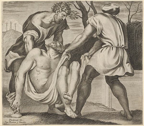 Entombment of Christ, two men lifting Christ into a tomb, with a shroud underneath the body, three crosses on Golgotha beyond, by Giacomo Piccini