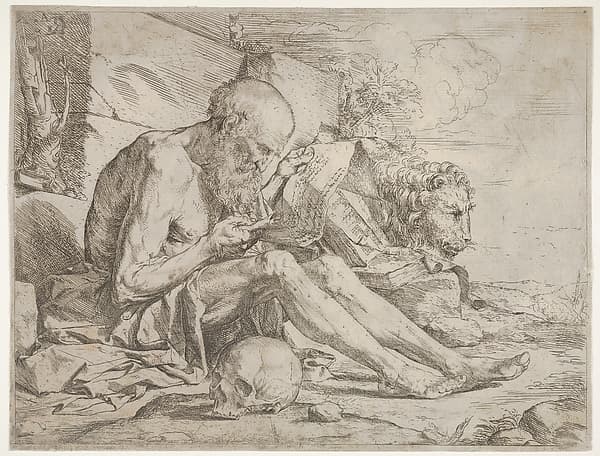 St. Jerome seated on the ground and reading an inscribed scroll, a skull next to his right leg and a lion beyond, by Jusepe de Ribera (called Lo Spagnoletto)