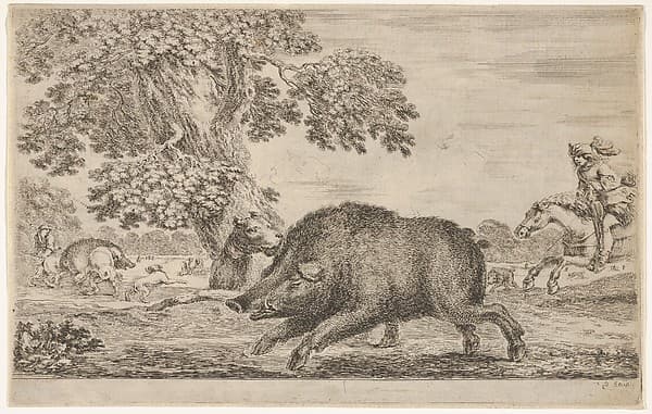 A wild boar running towards the left, a dog biting its ear behind to left, other dogs and horsemen in the background, from "Hunts of various animals" (Chasses à différents animaux), by Stefano della Bella